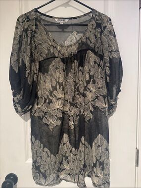 Tramp Black Sheer Floral Tunic with Cream Leaf Print